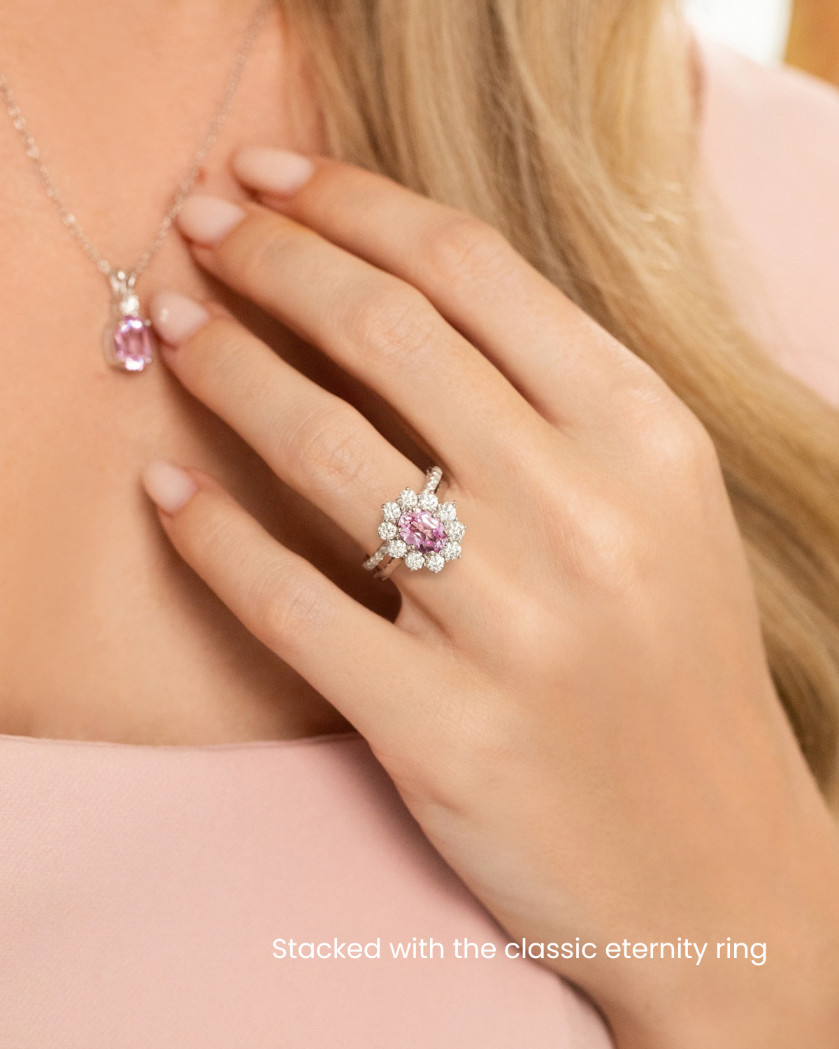 Pink Sapphire Halo Engagement Ring in Sterling Silver - SJR London Timepiece