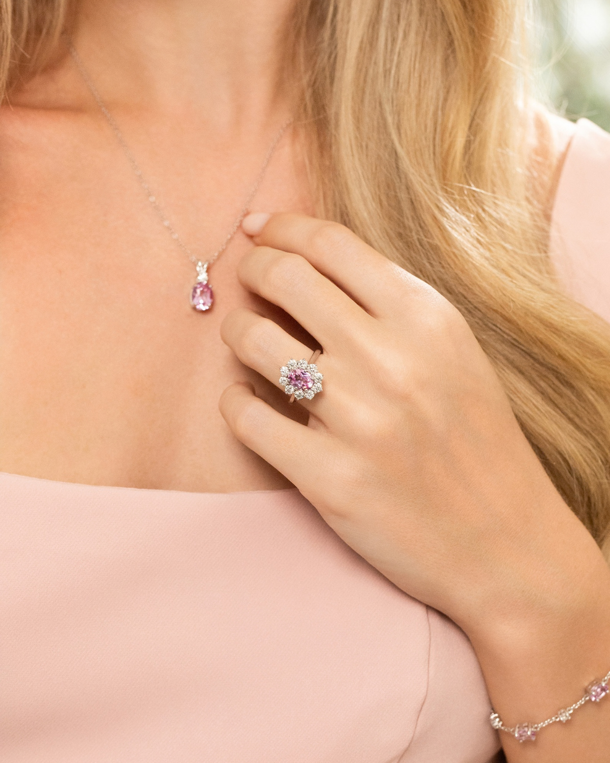 Pink Sapphire Halo Engagement Ring in Sterling Silver - SJR London Timepiece