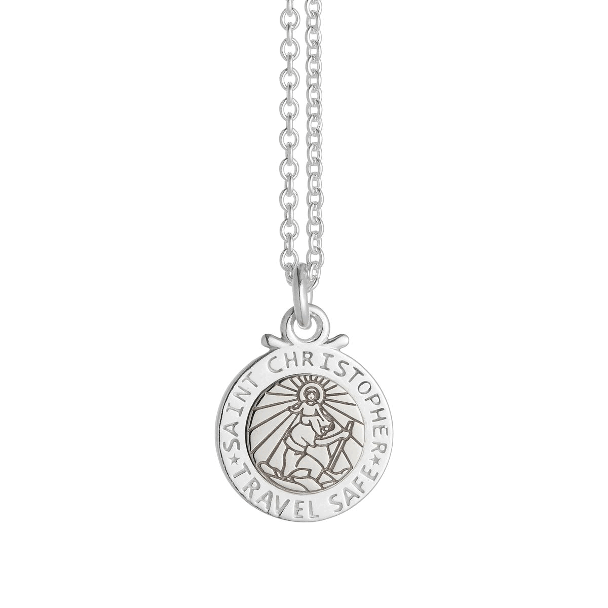 Silver St Christopher pendant on a chain with personalized engraving, styled on a wooden background by Scarlett Jewellery.