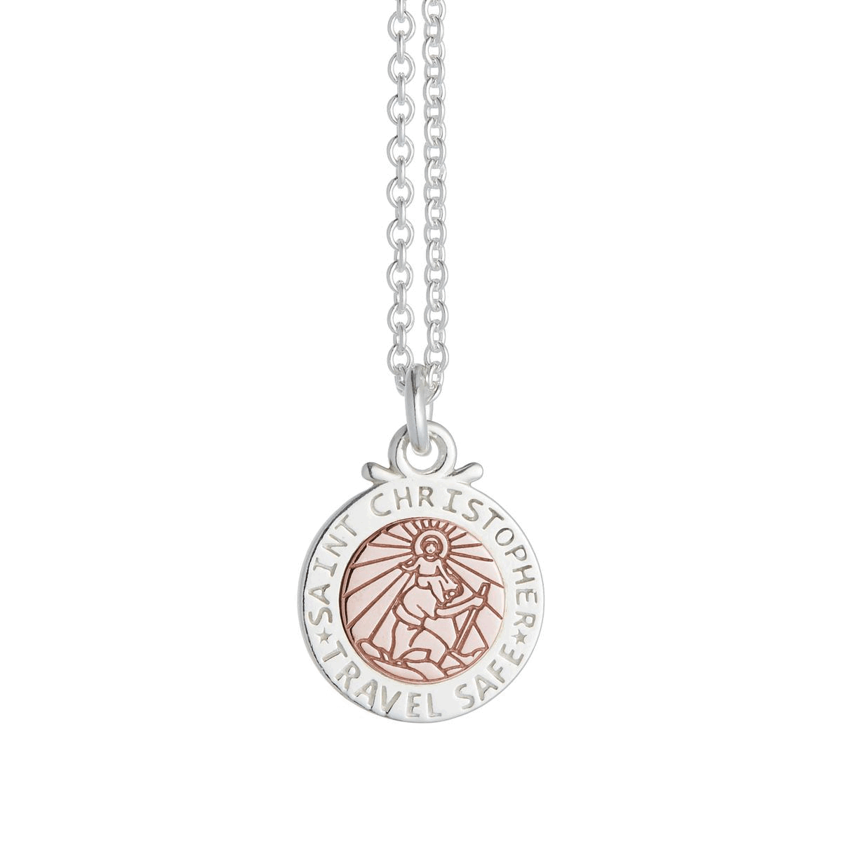 A silver and rose gold St Christopher necklace with personalized engraving, displayed on a soft white background by Scarlett 