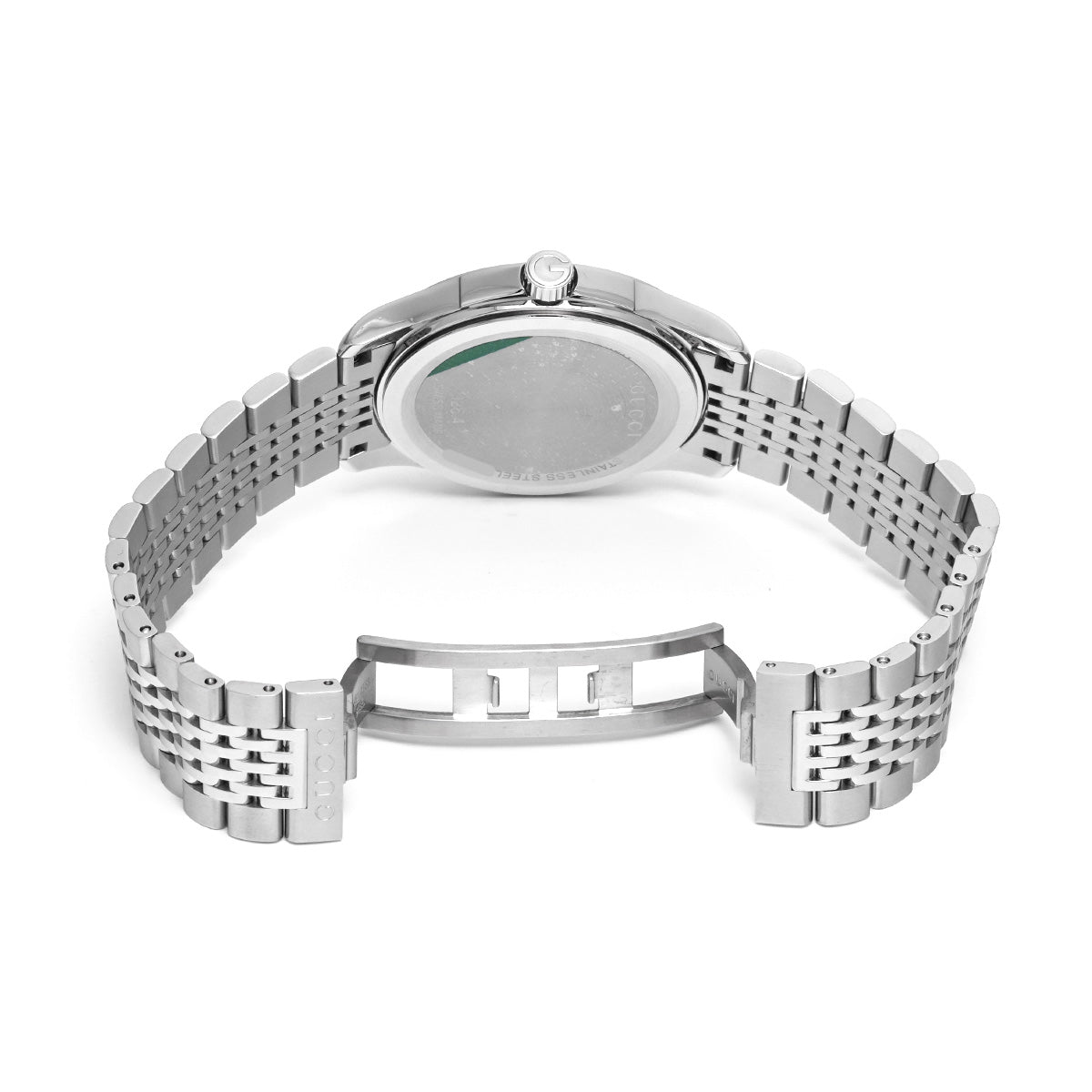 Black leather watch with silver dial and Gucci logo, 38mm case, worn on a wrist.