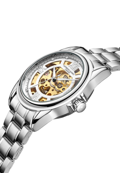 Hand Assembled Anthony James Skeleton Automatic Steel & White Mens Watch - SJR London Timepiece