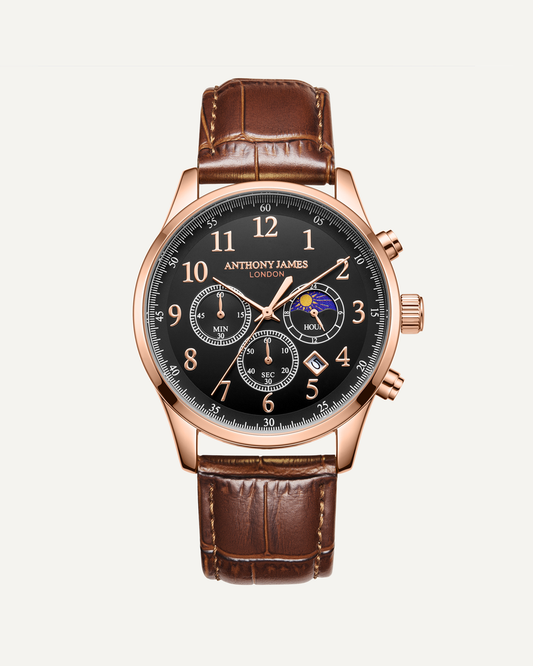 Hand Assembled Anthony James Limited Edition Moonphase Chronograph Rose Black - SJR London Timepiece