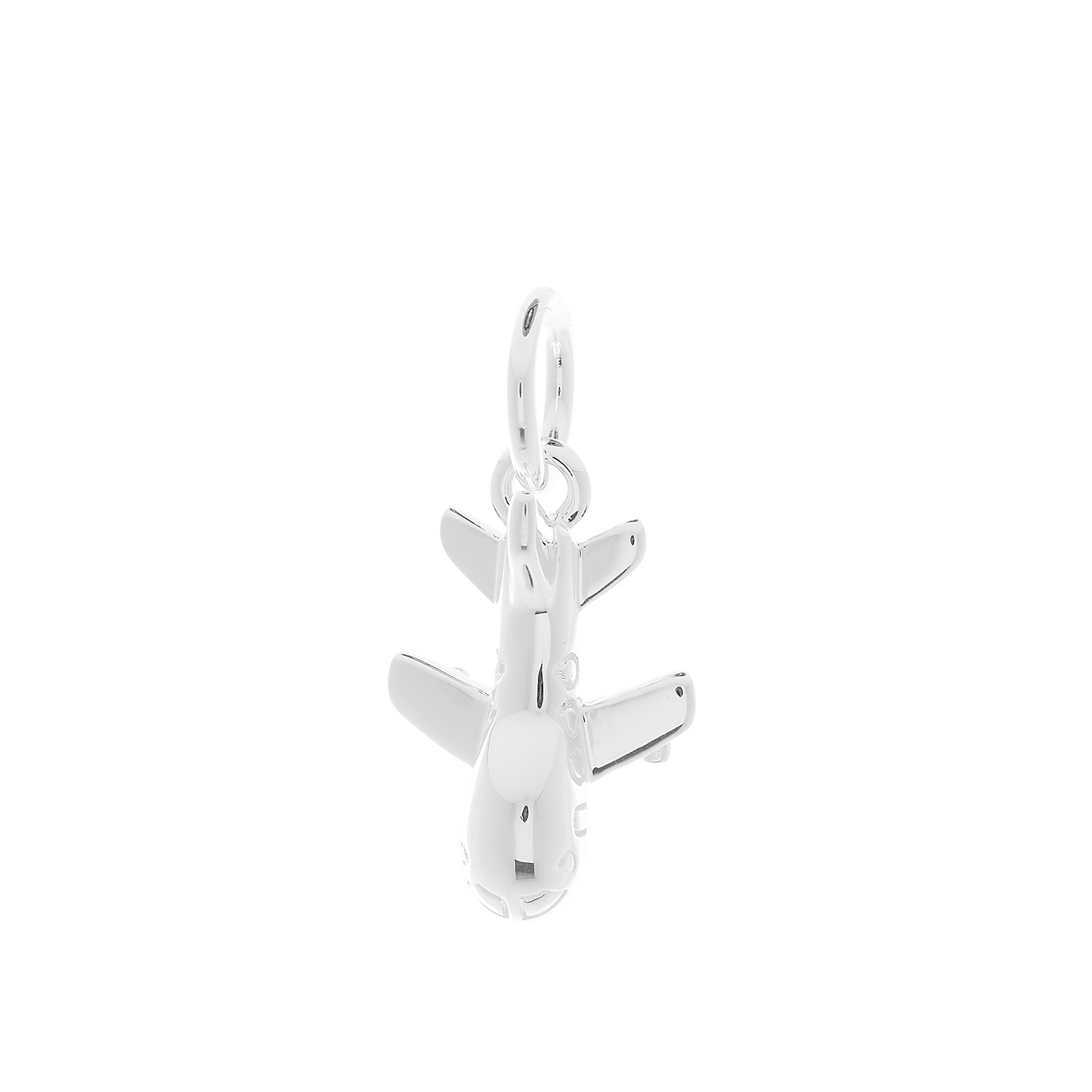 A silver aeroplane charm hangs from a chain, detailed with wing textures and a polished finish by Scarlett Jewellery.