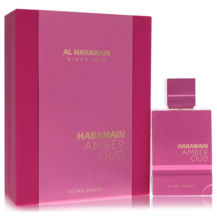 Amber-hued oud perfume bottle with violet accents on white background by The Fragrance Avenue.
