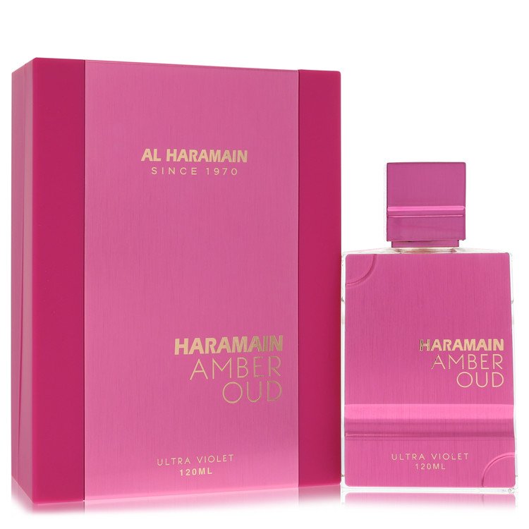 Amber-hued oud perfume bottle with violet accents on white background by The Fragrance Avenue.