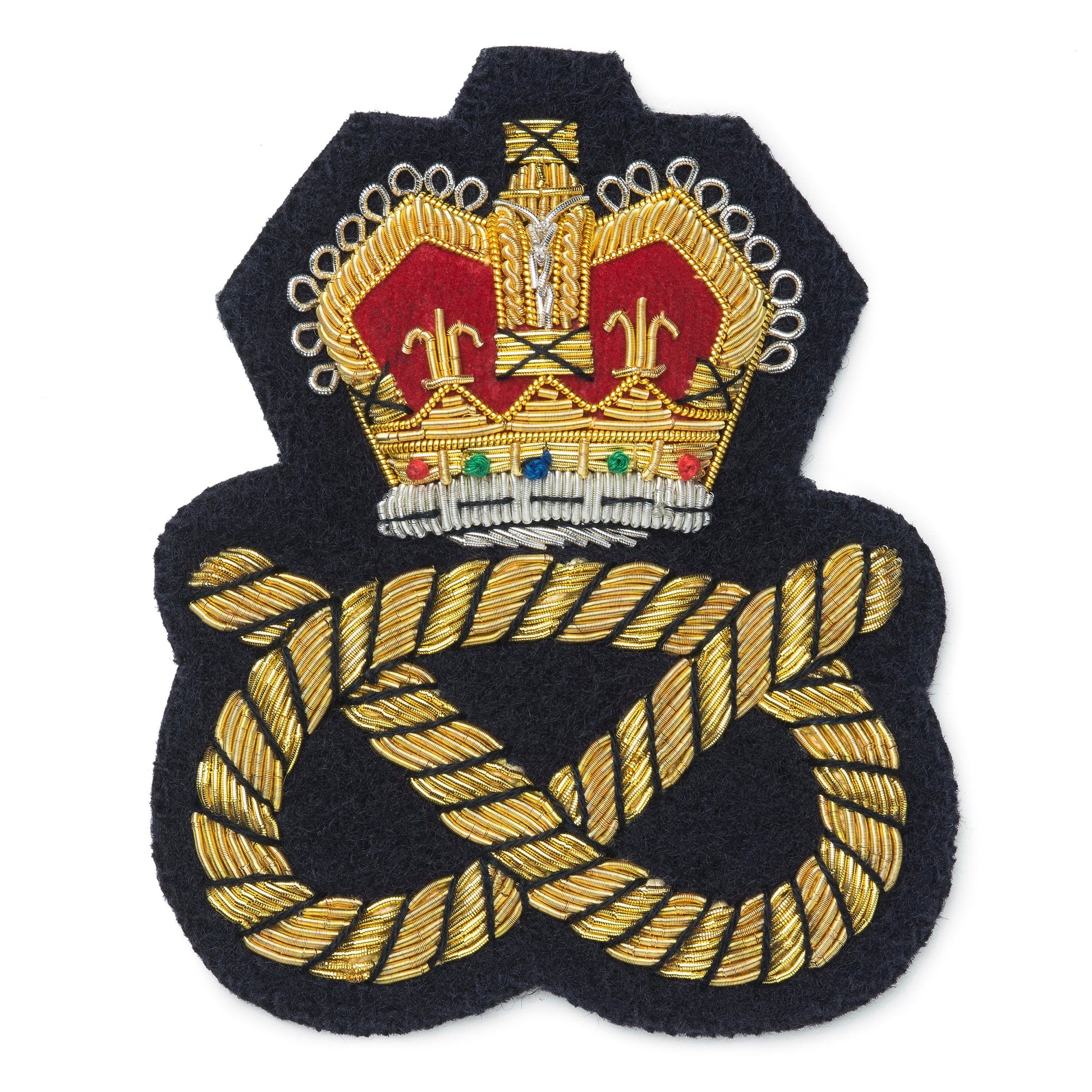 Black blazer badge with gold crown and knot emblem on a white background by Benson & Clegg.