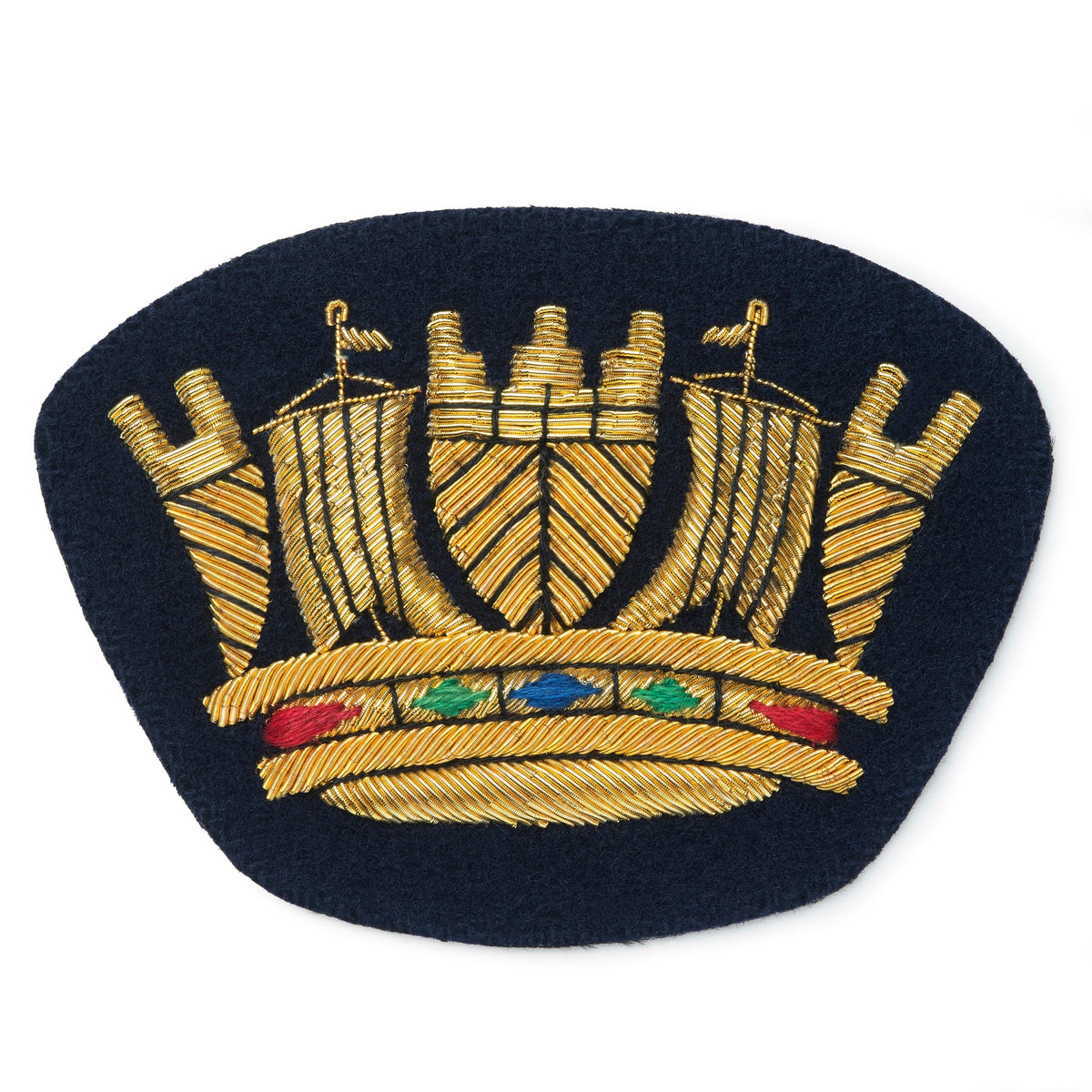 Royal naval coronet blazer badge in gold finish with detailed embroidery by Benson & Clegg.
