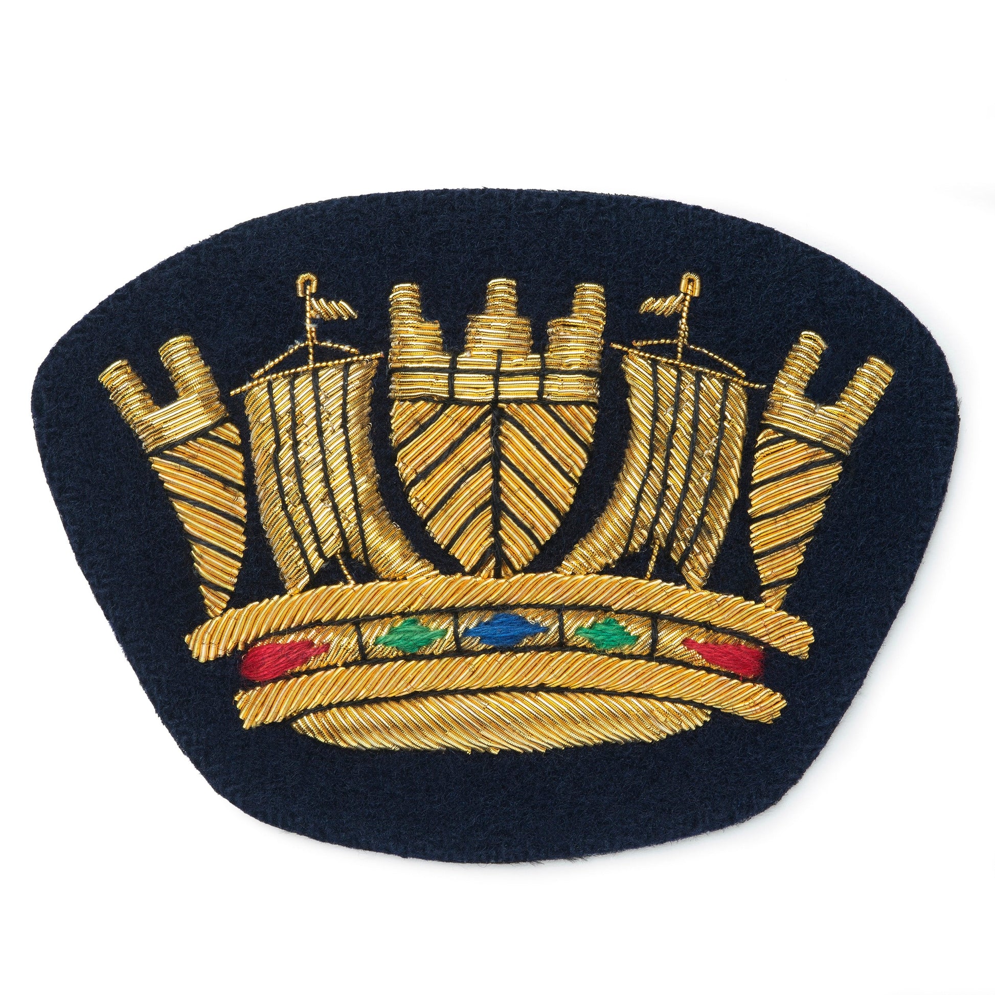 Royal naval coronet blazer badge in gold finish with detailed embroidery by Benson & Clegg.