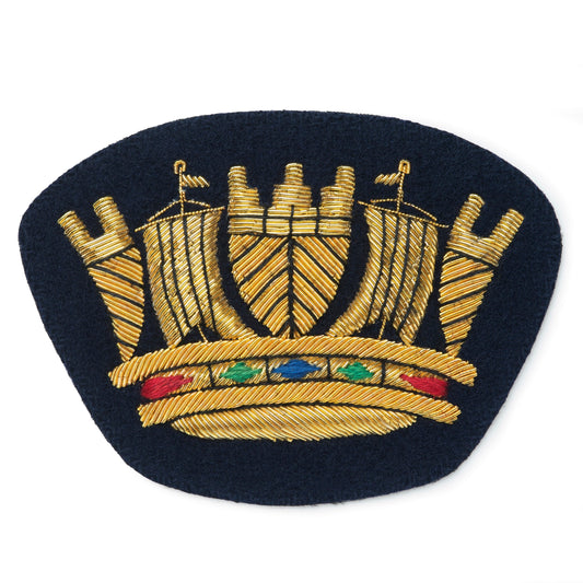 Royal naval coronet blazer badge in gold finish with detailed embroidery by Benson & Clegg.
