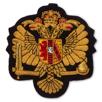 Black blazer badge with gold detailing and the Kings Dragoon Guards emblem, displayed on a white background by Benson & Clegg