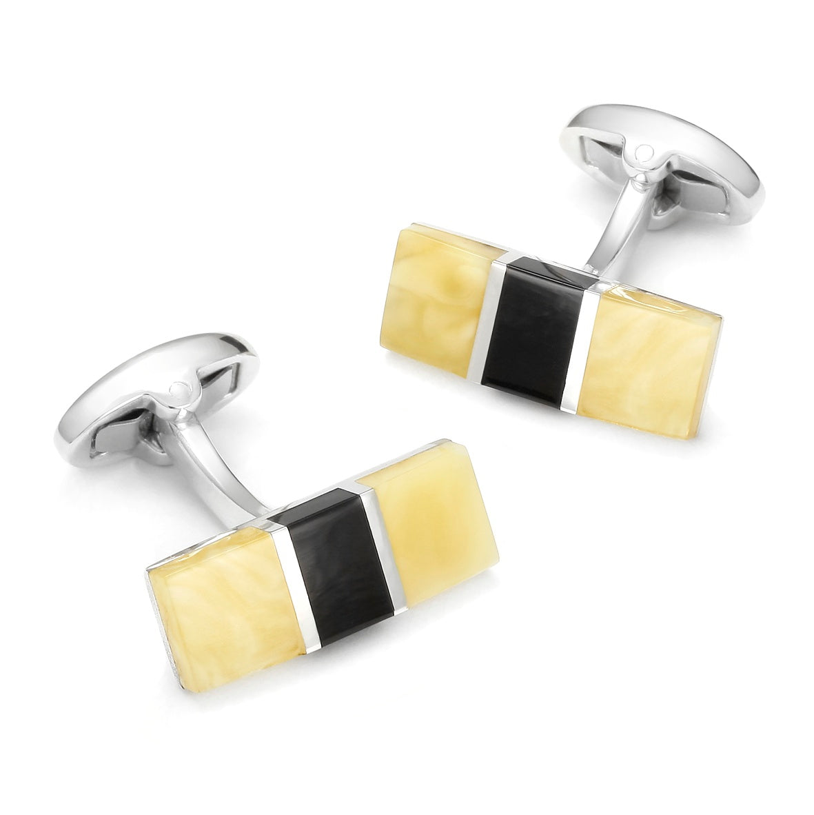 Baltic amber and jet rectangle cufflinks in sterling silver by Benson & Clegg