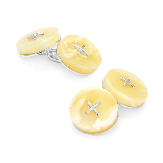 White Baltic Amber Button Sterling Silver Cufflinks
