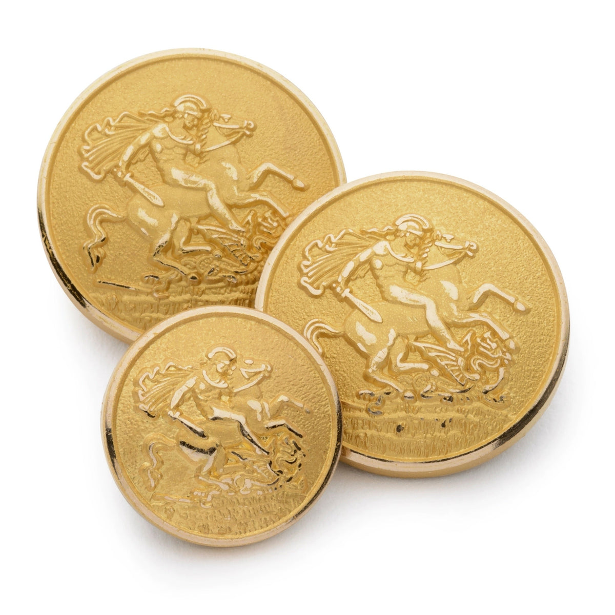 Gold blazer button set featuring a dragon motif, displayed on a wooden tray with brass accents by Benson & Clegg.