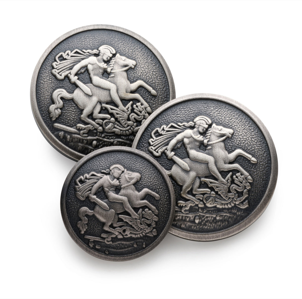 Antique silver blazer button set with intricate dragon design by Benson & Clegg.