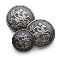 Antique silver blazer button set with intricate dragon design by Benson & Clegg.