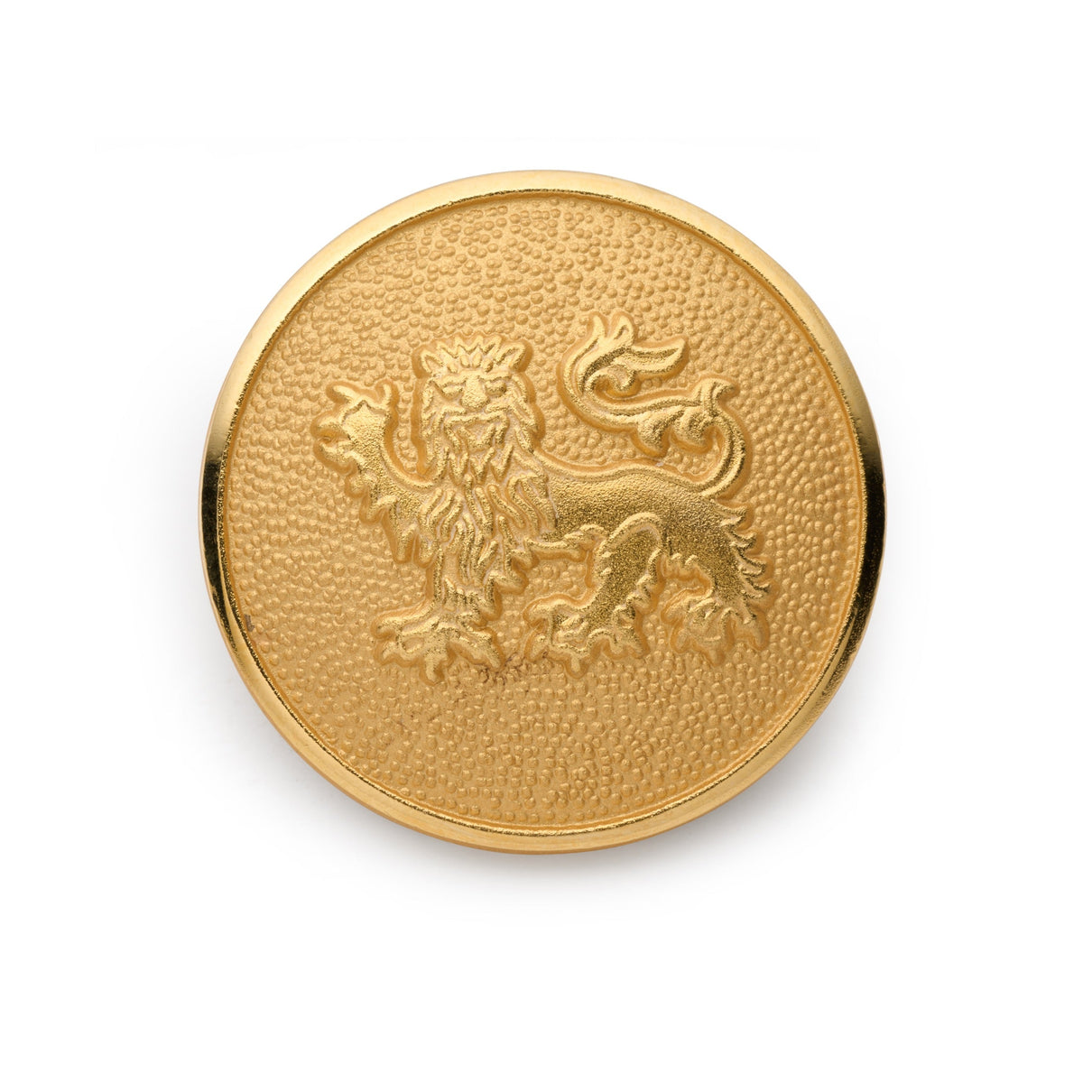 A gold-toned lion passant guardant blazer button with a detailed engraving, shown against a dark background, by Benson & Cleg