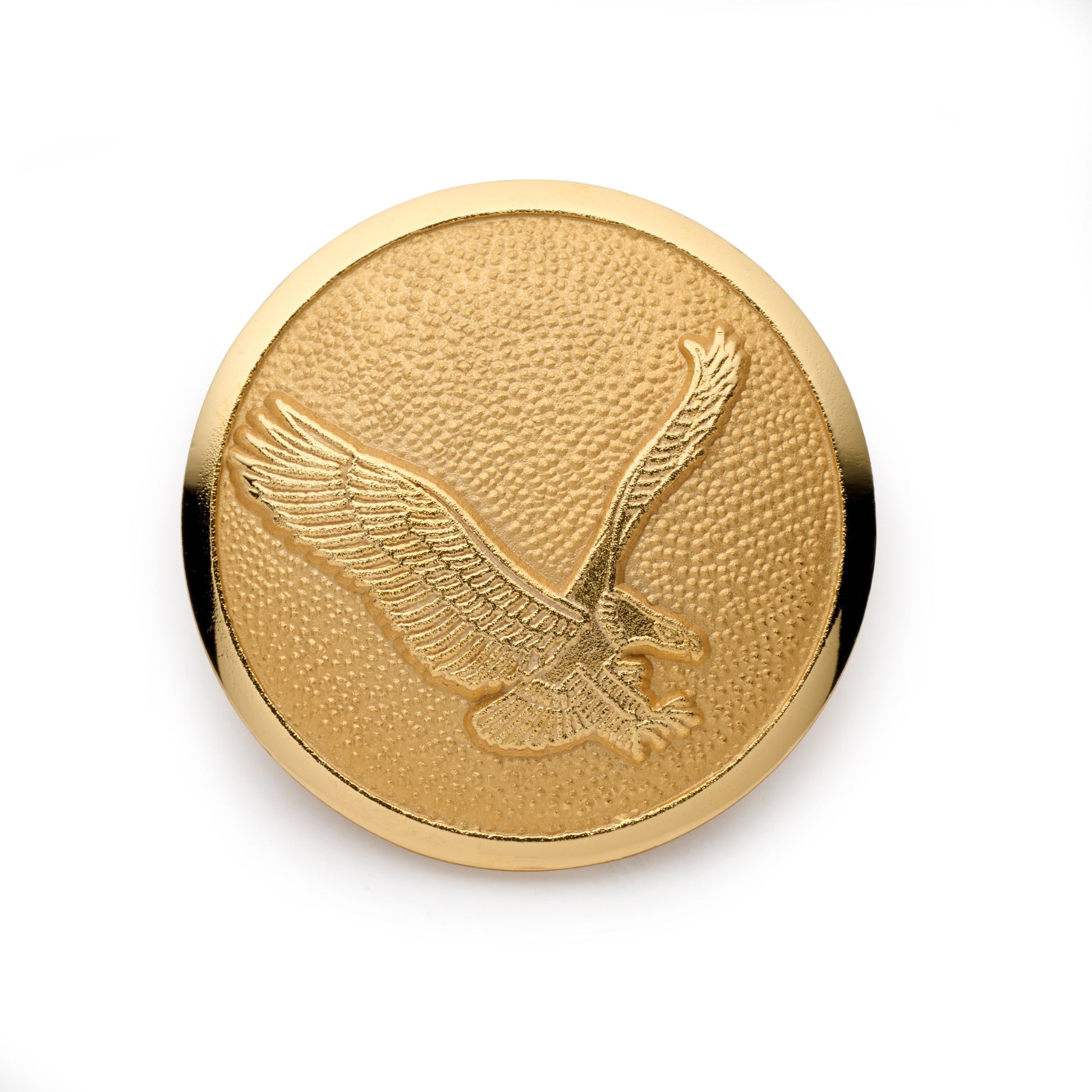 Gold blazer button with engraved logo, detailed close-up, American Eagle Blazer Button by Benson & Clegg.