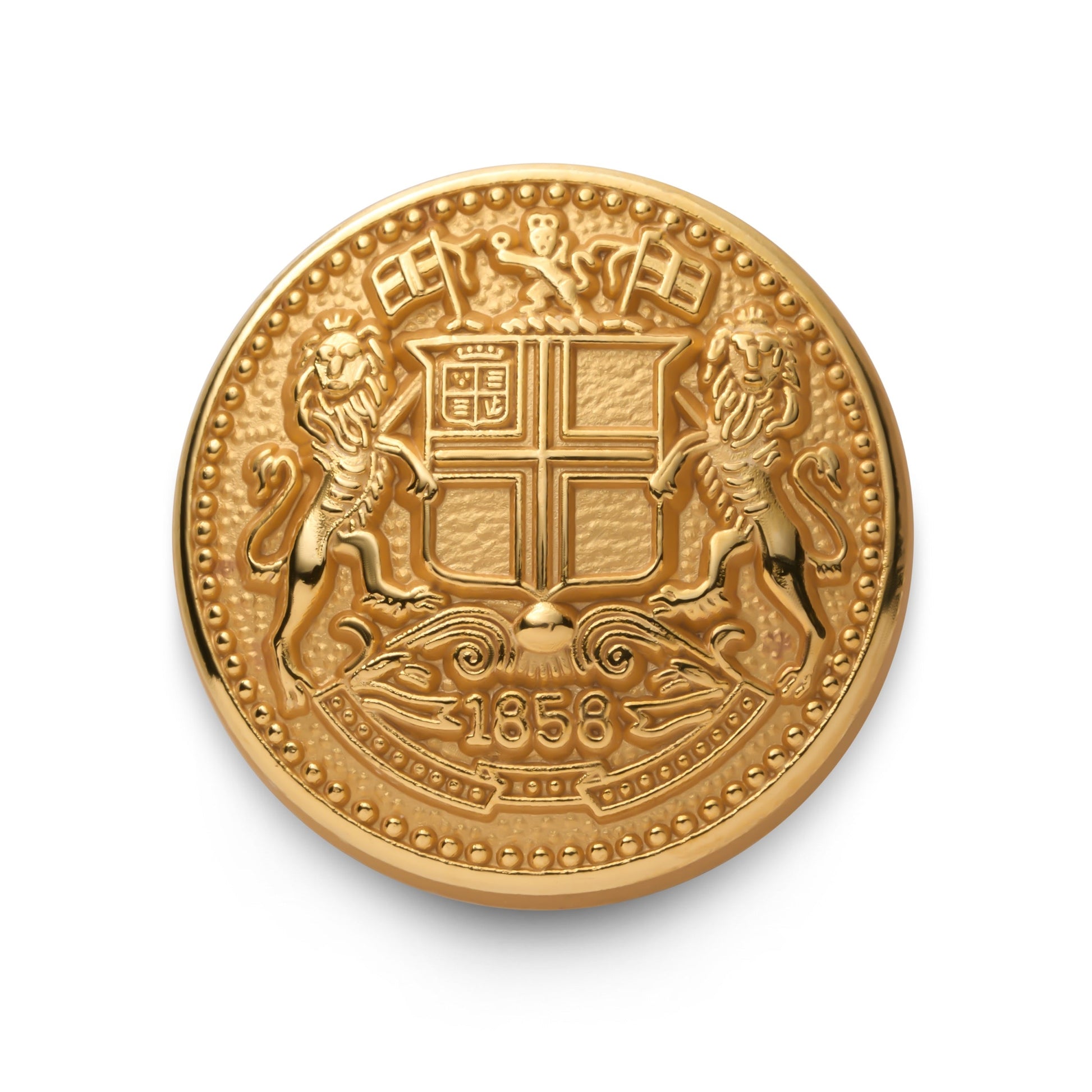 Gold blazer button set featuring intricate design and polished finish by Benson & Clegg.