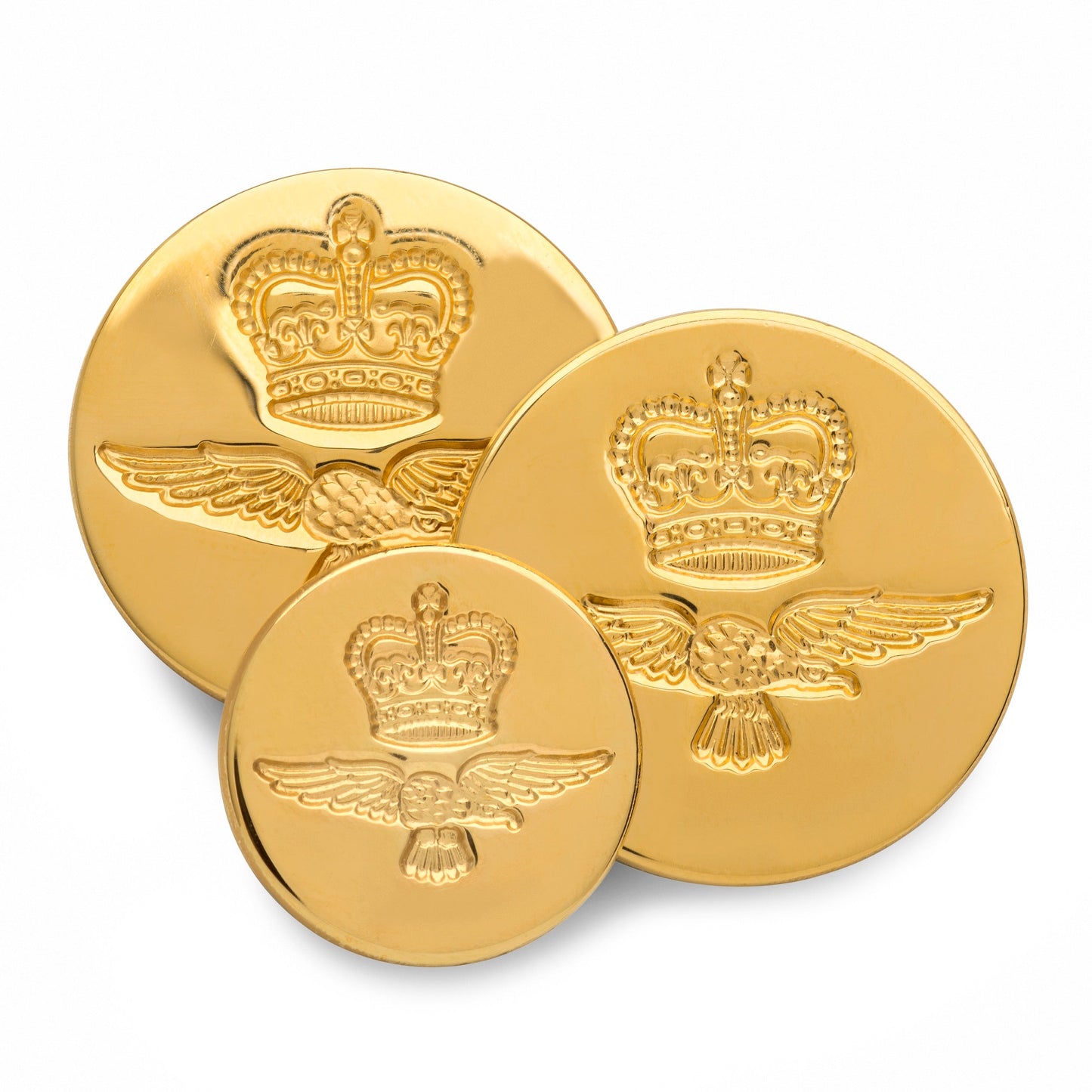 Gold Royal Air Force blazer button with detailed engraving, part of the Blazer Buttons collection by Benson & Clegg.