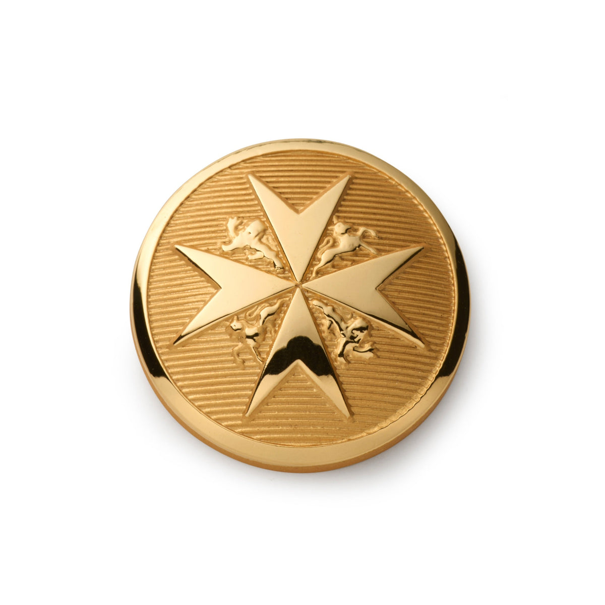 Black maltese cross blazer button set worn on a navy suit jacket by Benson & Clegg.