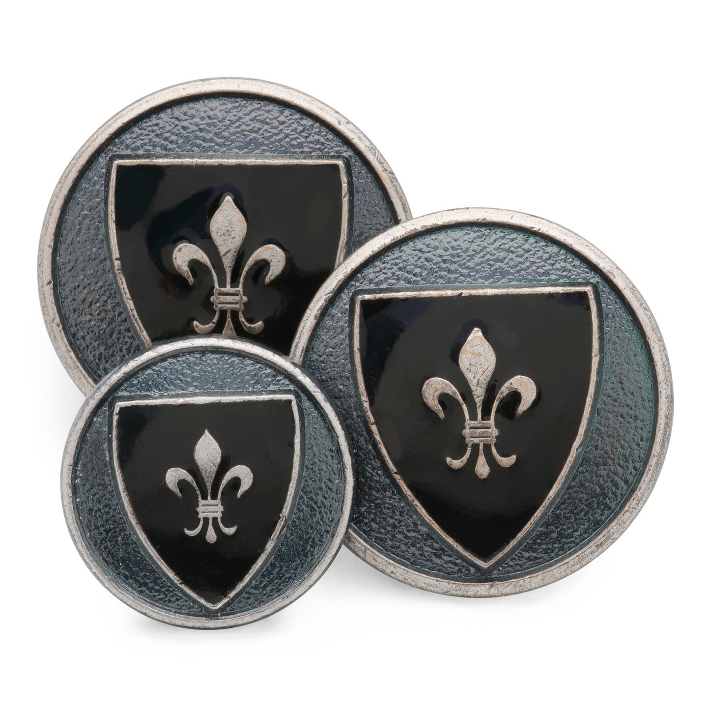A blue enamel heraldic shield blazer button with a metallic border and detailed engraving by Benson & Clegg.