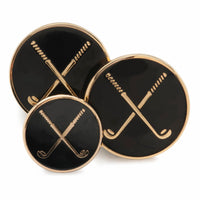 Black enamel blazer button set worn on a suit jacket by Benson & Clegg.