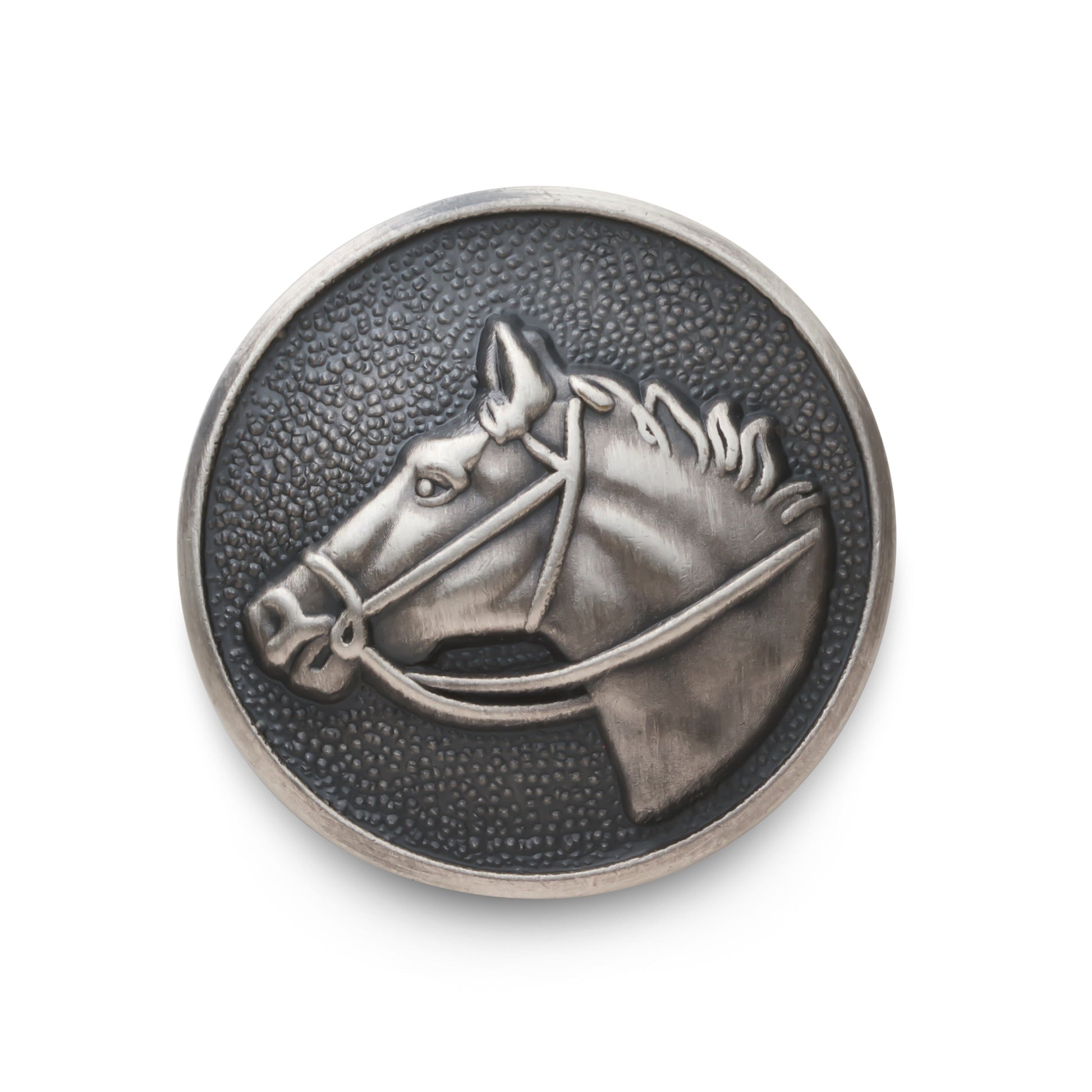 Antique silver horse head blazer button set displayed on a wooden table by Benson & Clegg.