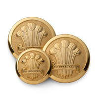 A brass heraldic plume blazer button with intricate detailing, mounted on a navy blue blazer, by Benson & Clegg.