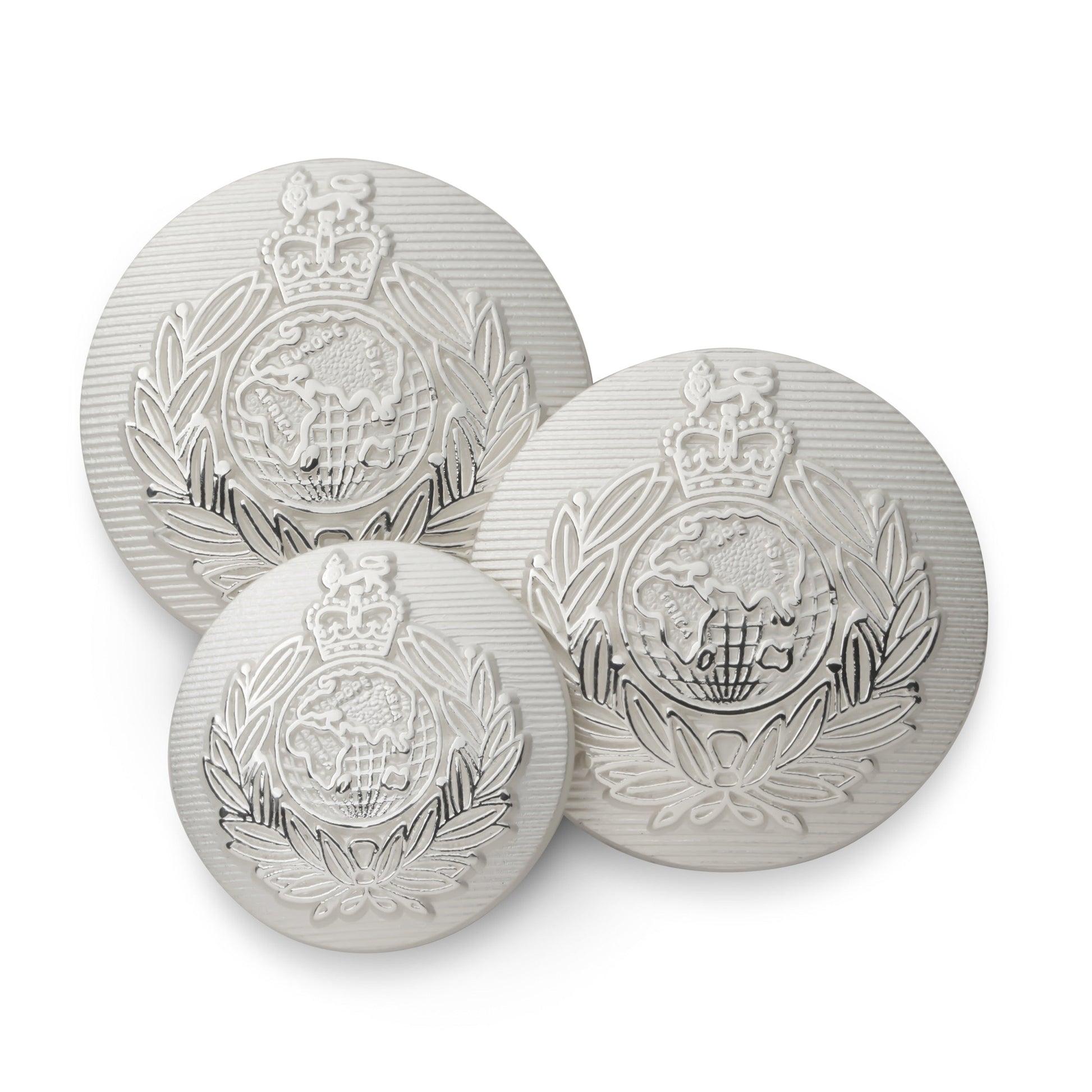 Silver royal marines blazer button set on a dark background by Benson & Clegg.