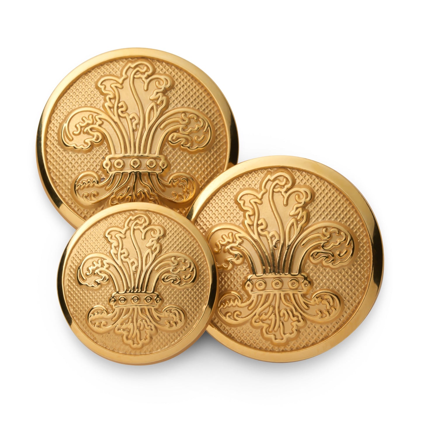 Gold Fleur De Lys blazer button set displayed on a black background with detailed engravings by Benson & Clegg.