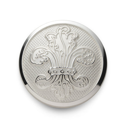 Silver Fleur De Lys blazer button with intricate detailing, shown against a dark background, part of the Blazer Buttons colle