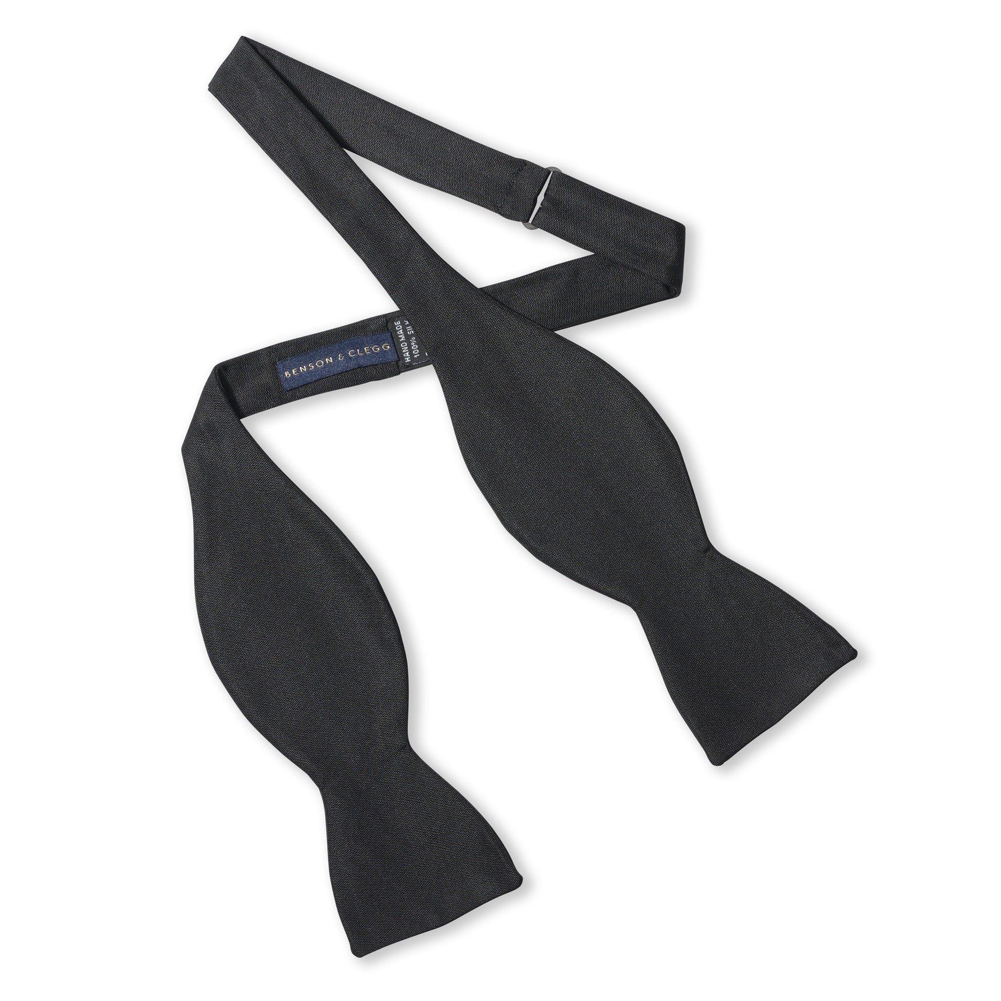 Black barathea silk self-tie bow tie in deep black color by Benson & Clegg