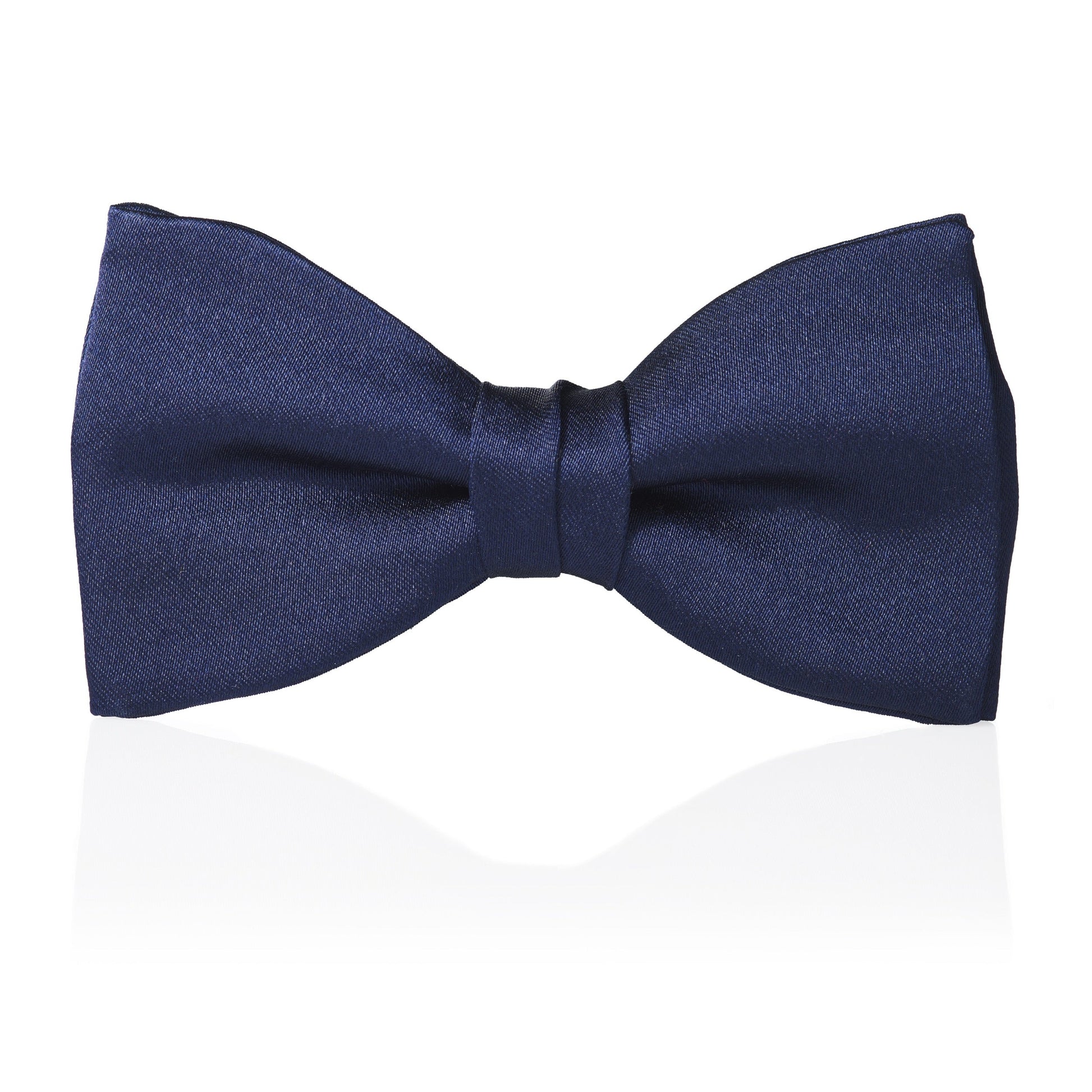 Navy satin silk pre-tied bow tie with polished finish by Benson & Clegg