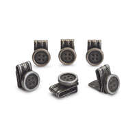 Black clip-on brace buttons set with silver accents, displayed on a white background, part of the Accessories collection by B