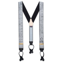 Black leather braces with gold hardware, featuring the Mozart Limited Edition design, by Benson & Clegg.