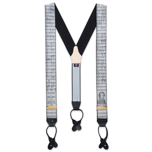 Black leather braces with gold hardware, featuring the Mozart Limited Edition design, by Benson & Clegg.