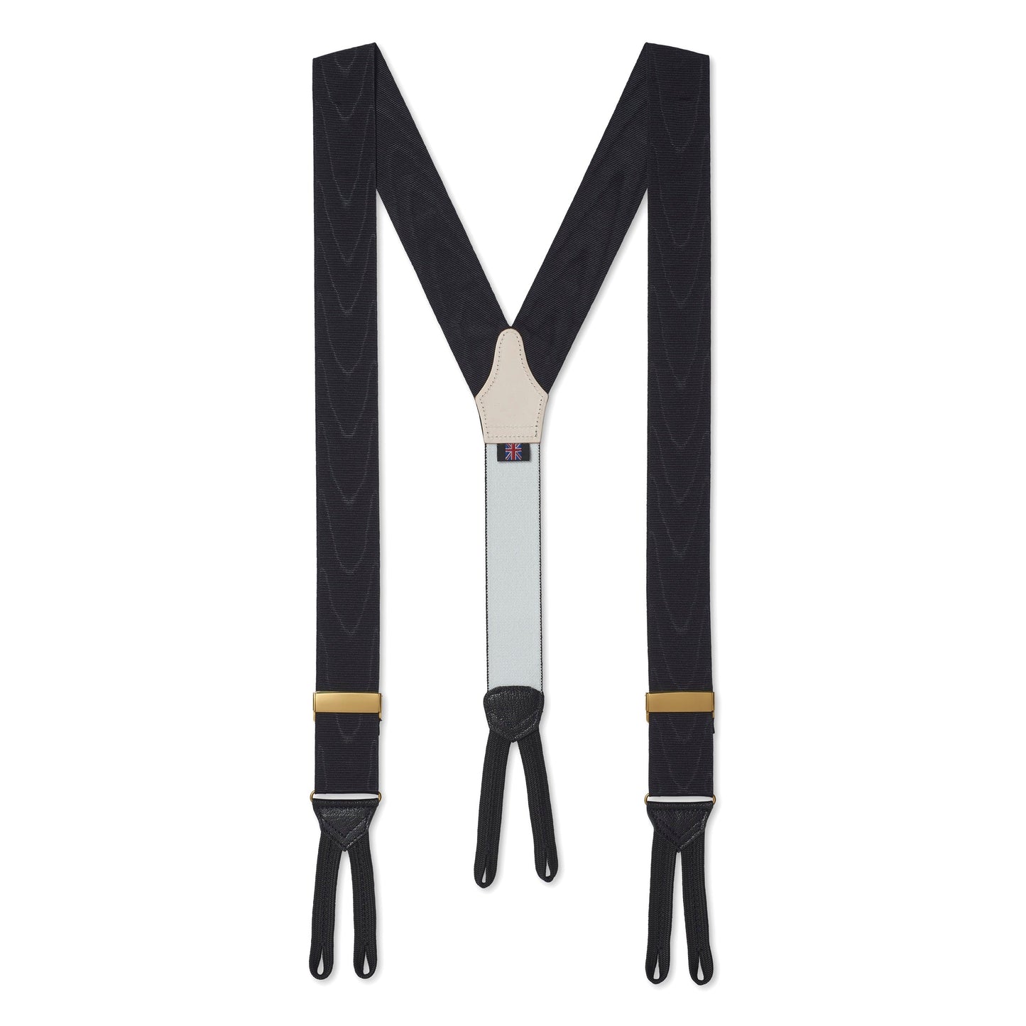 Black silk moiré braces worn on a formal suit by Benson & Clegg
