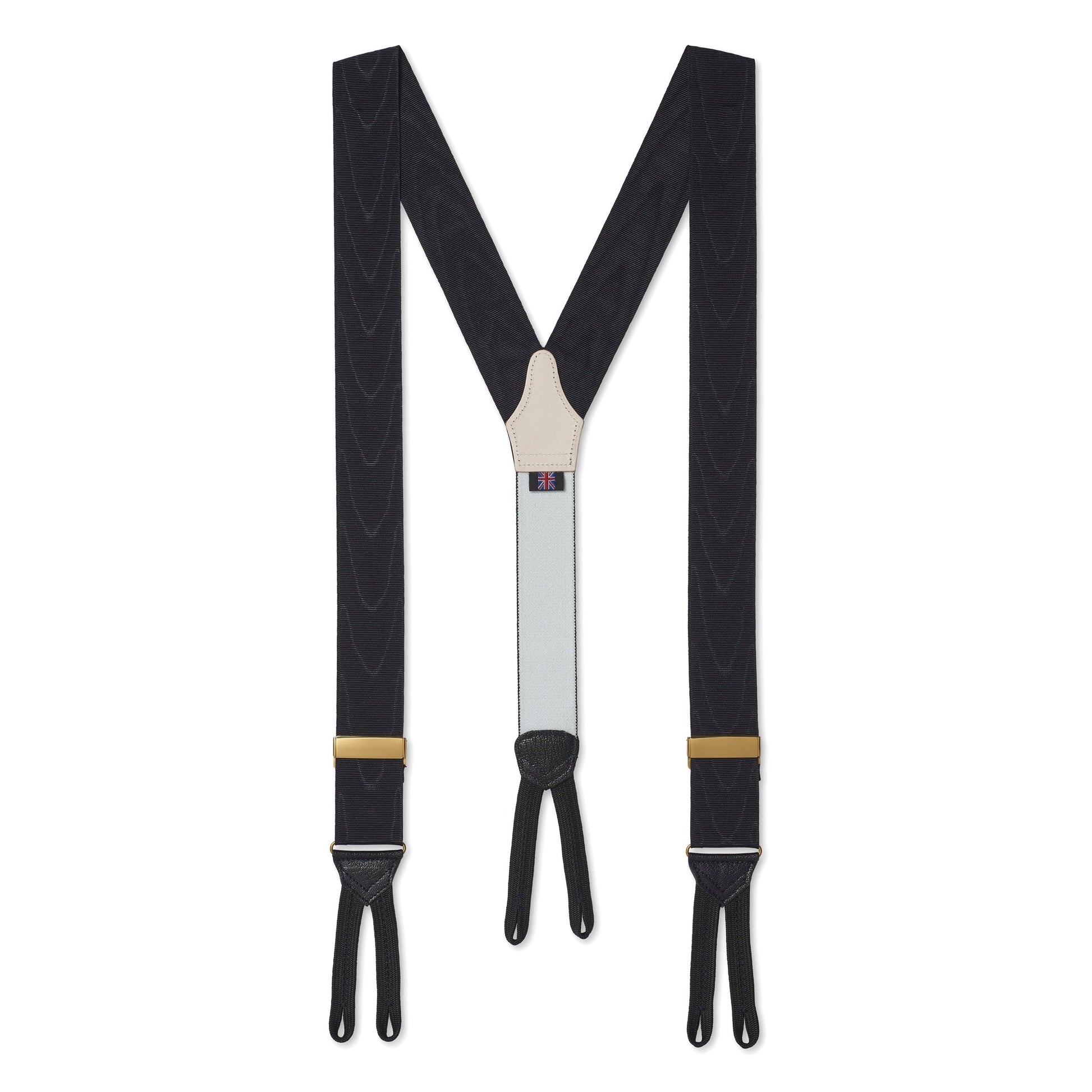 Black silk moiré braces worn on a formal suit by Benson & Clegg