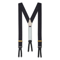 Black silk moiré braces worn on a formal suit by Benson & Clegg