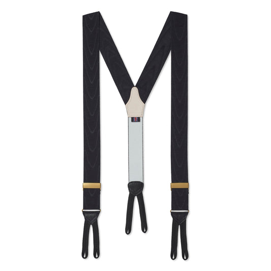 Black silk moiré braces worn on a formal suit by Benson & Clegg