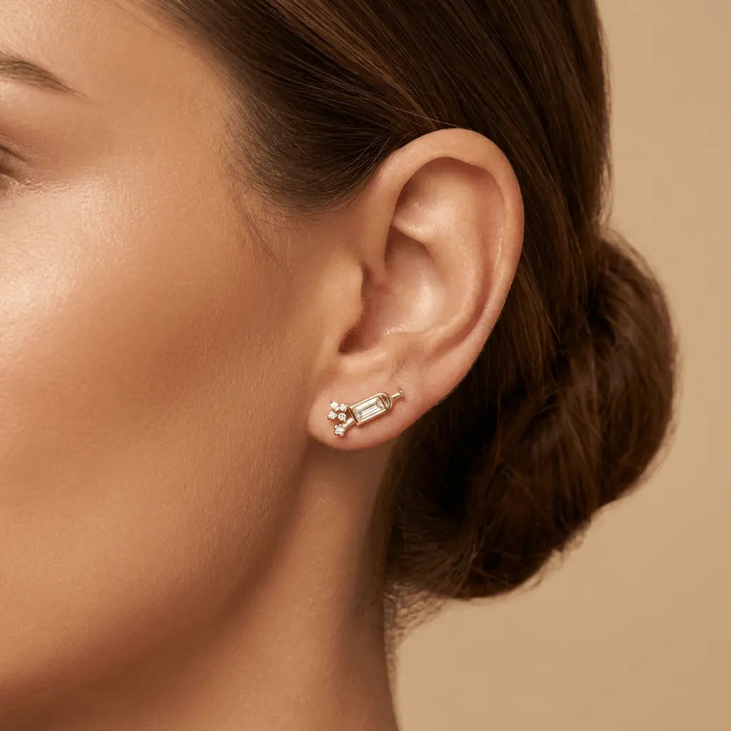 Solid gold baguette bloom stud earrings in 14ct gold by Majestic Jewellery