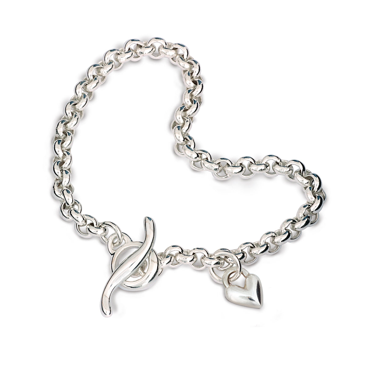 A silver heart chain charm bracelet with a detailed belcher design, featuring a central heart pendant, by Scarlett Jewellery.