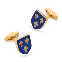 Imperial blue Fleur De Lys shield cufflinks with polished silver detailing by Benson & Clegg.