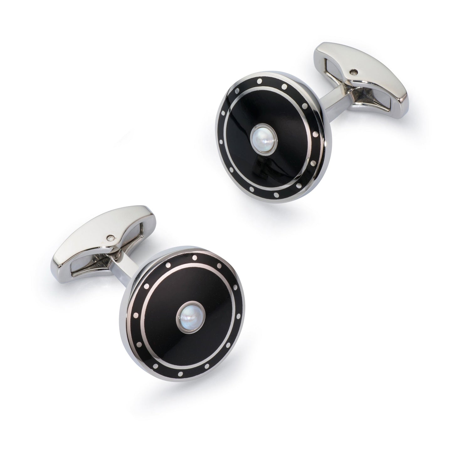 Black onyx cufflinks with a sleek silver finish, displayed on a dark background, featuring the Benson & Clegg logo.