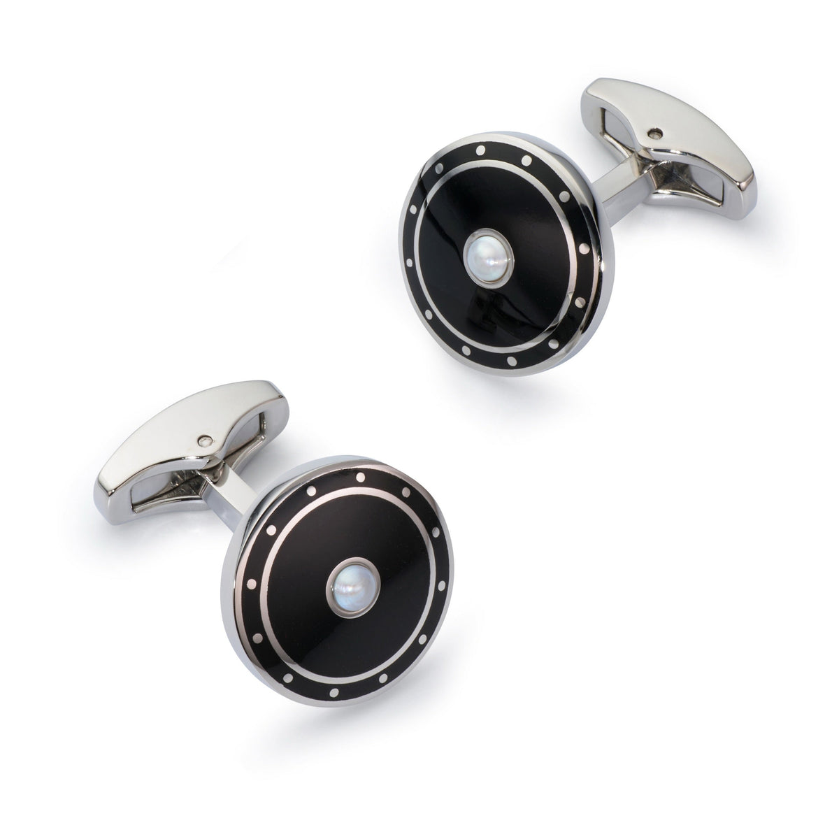 Black onyx cufflinks with a sleek silver finish, displayed on a dark background, featuring the Benson & Clegg logo.