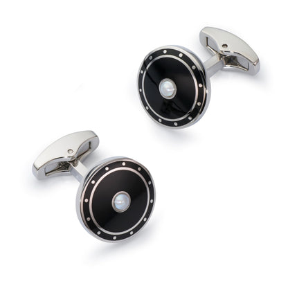 Black onyx cufflinks with a sleek silver finish, displayed on a dark background, featuring the Benson & Clegg logo.