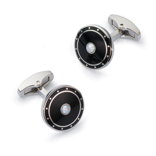 Black onyx cufflinks with a sleek silver finish, displayed on a dark background, featuring the Benson & Clegg logo.