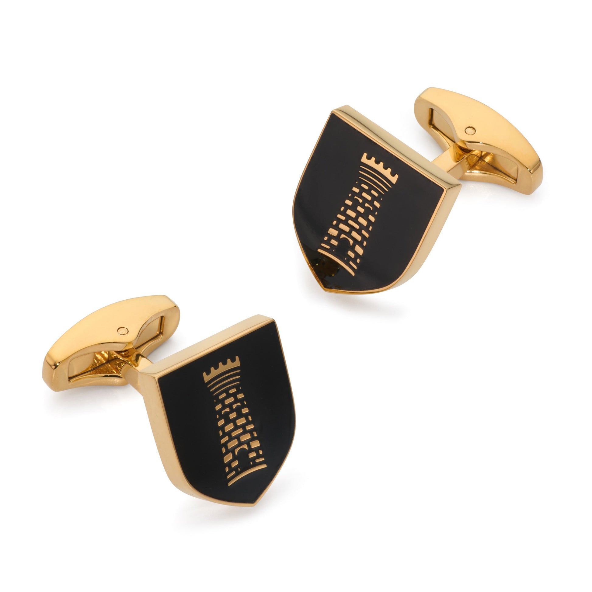 Black onyx cufflinks shaped like a heraldic tower shield by Benson & Clegg