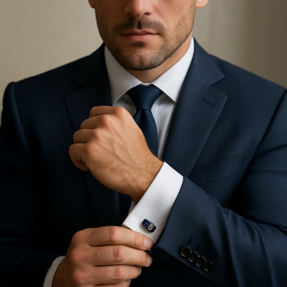 Midnight black cufflinks with polished silver accents, styled on a dress shirt cuff. Midnight Racer Cufflinks by Benson & Cle
